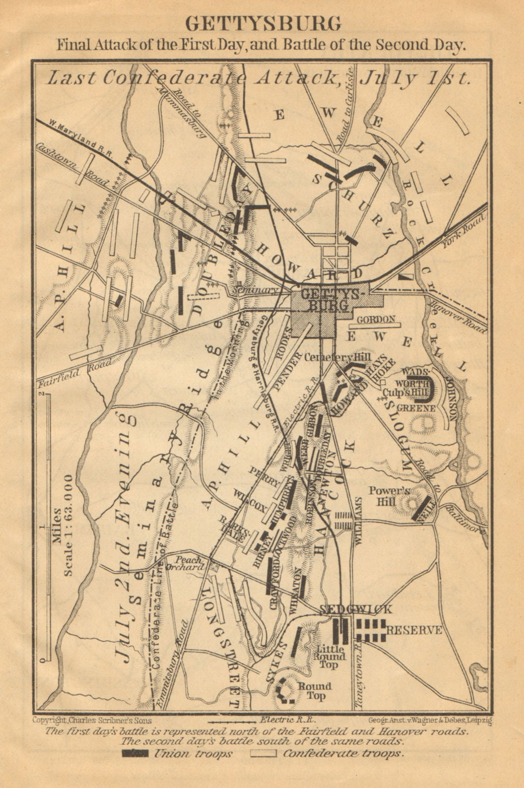 GETTYSBURG BATTLEFIELD. Last confederate attack July 1-2. Pennsylvania 1904 map